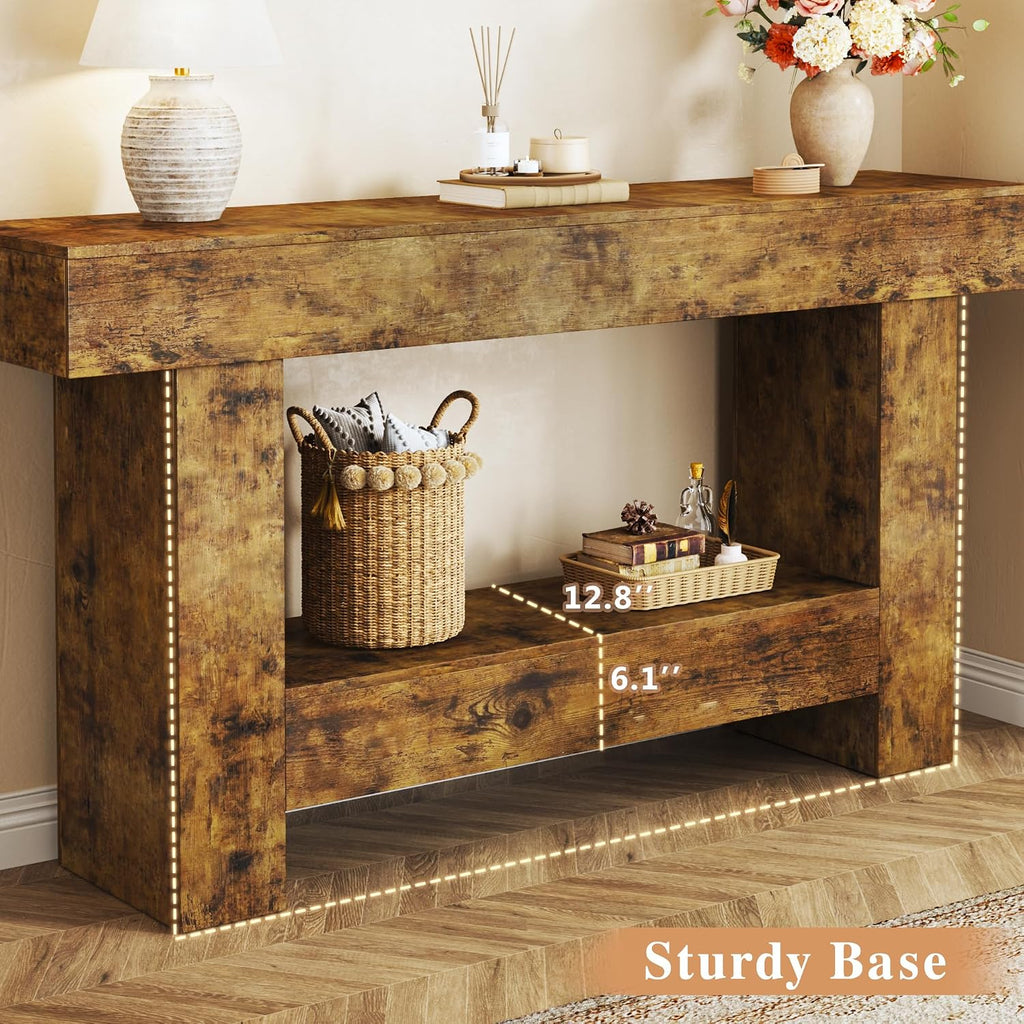 HUAHUU 63 Inches Long Console Table, Sofa Table with Storage Behind Couch, Entryway Table with Open Storage, Farmhouse Console Tables for Entryway, Living Room, Hallway, Oak Color