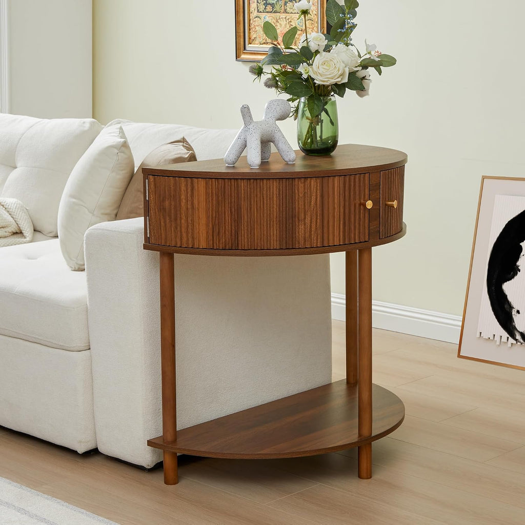 XUZENEST Fluted Half Moon Console Table, Modern Small Entry Sofa Table with Storage, Solid Wood Legs Narrow Entryway Table for Living Room, Hallway, Foyer(Walnut)
