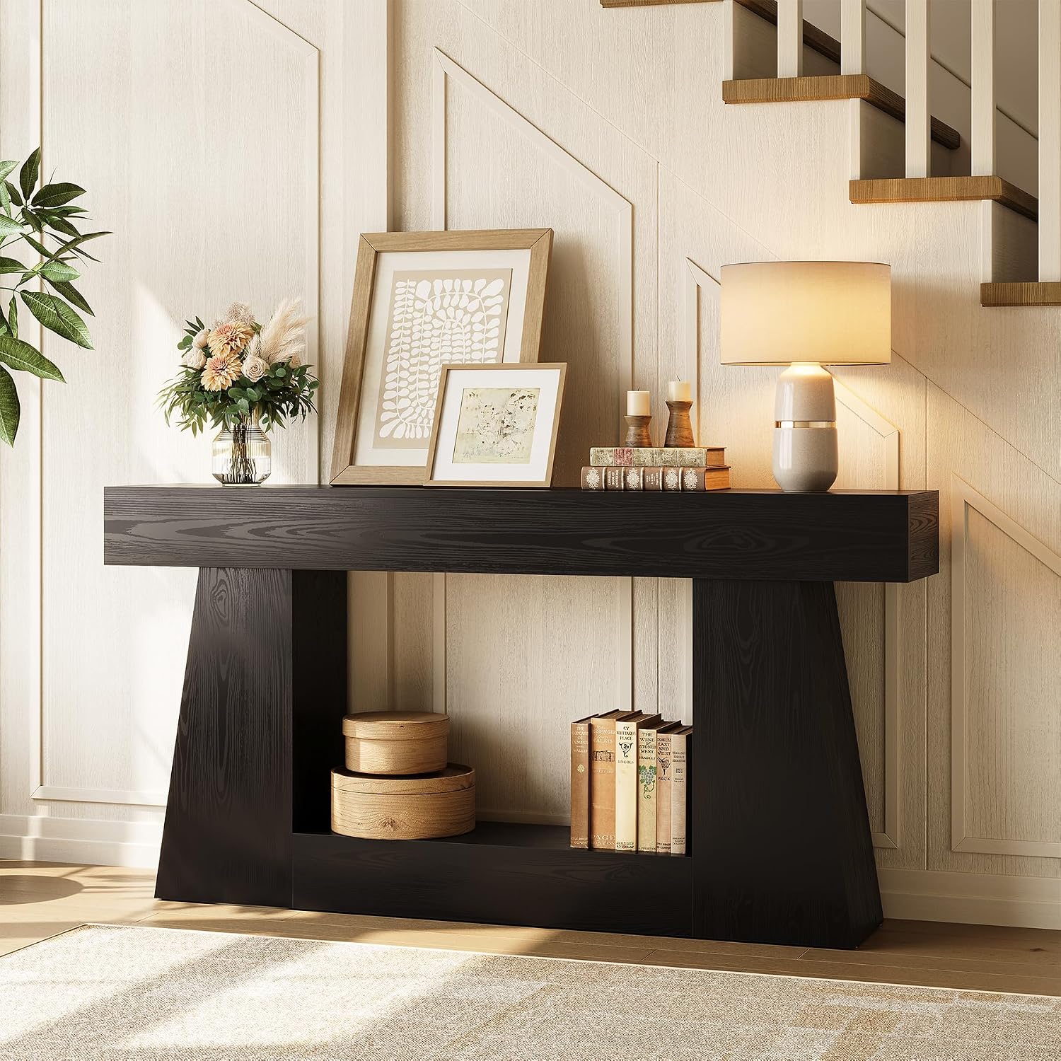 LITTLE TREE 63' Farmhouse Console Table with Storage, Rustic Sofa Table for Entryway, Narrow Long Sofa Table Behind Couch, Console Table for Living Room, Hallway—Versatile Storage Solution, Black
