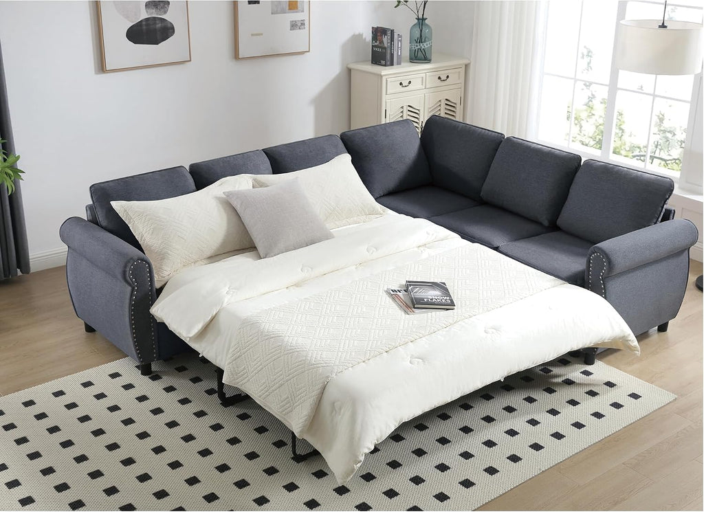 Sleeper Sofa Bed, Pull Out Couch with Mattress, 104'' 6 Seater Upholstery Sectional Couches, Modern Comfy L Shape Sofa Couch, Living Room Furniture for Living Room, Apartment, Studio, Grey