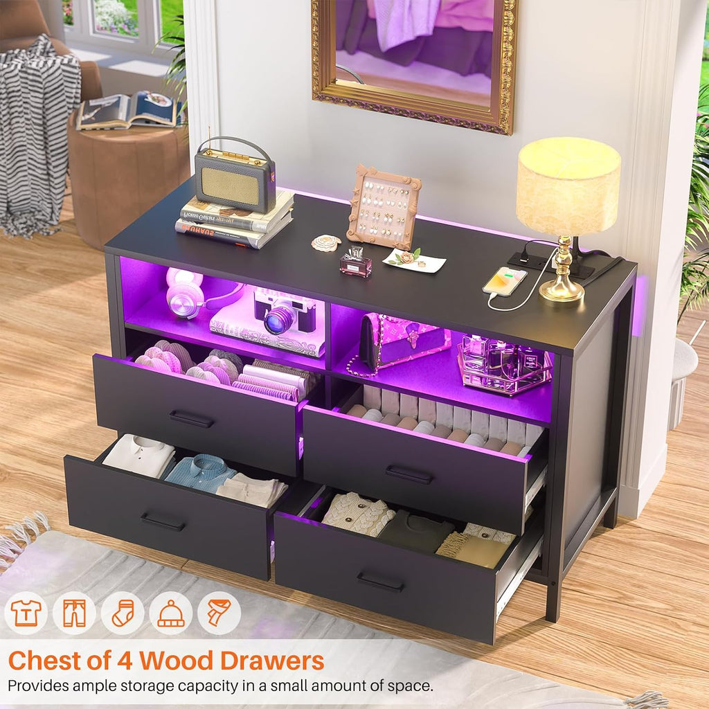 TV Stand Dresser with Power Outlets and LED Lights, 4 Wood Drawers Dresser, Entertainment Center with 2 Open Storage Shelf, Media Console Table for 50 43 Inch TV, Black