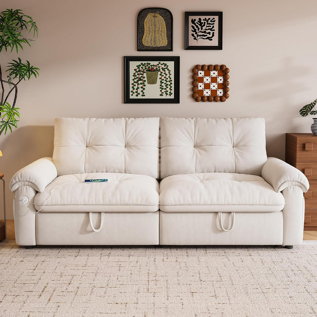 77' Sleeper Sofa Bed, Convertible Pull Out Couch with Velvet Fabric, 3-in-1 Loveseat L Shaped Couch Bed with Adjustable Backrest, Side Pocket & USB Ports for Living Room Apartment, White