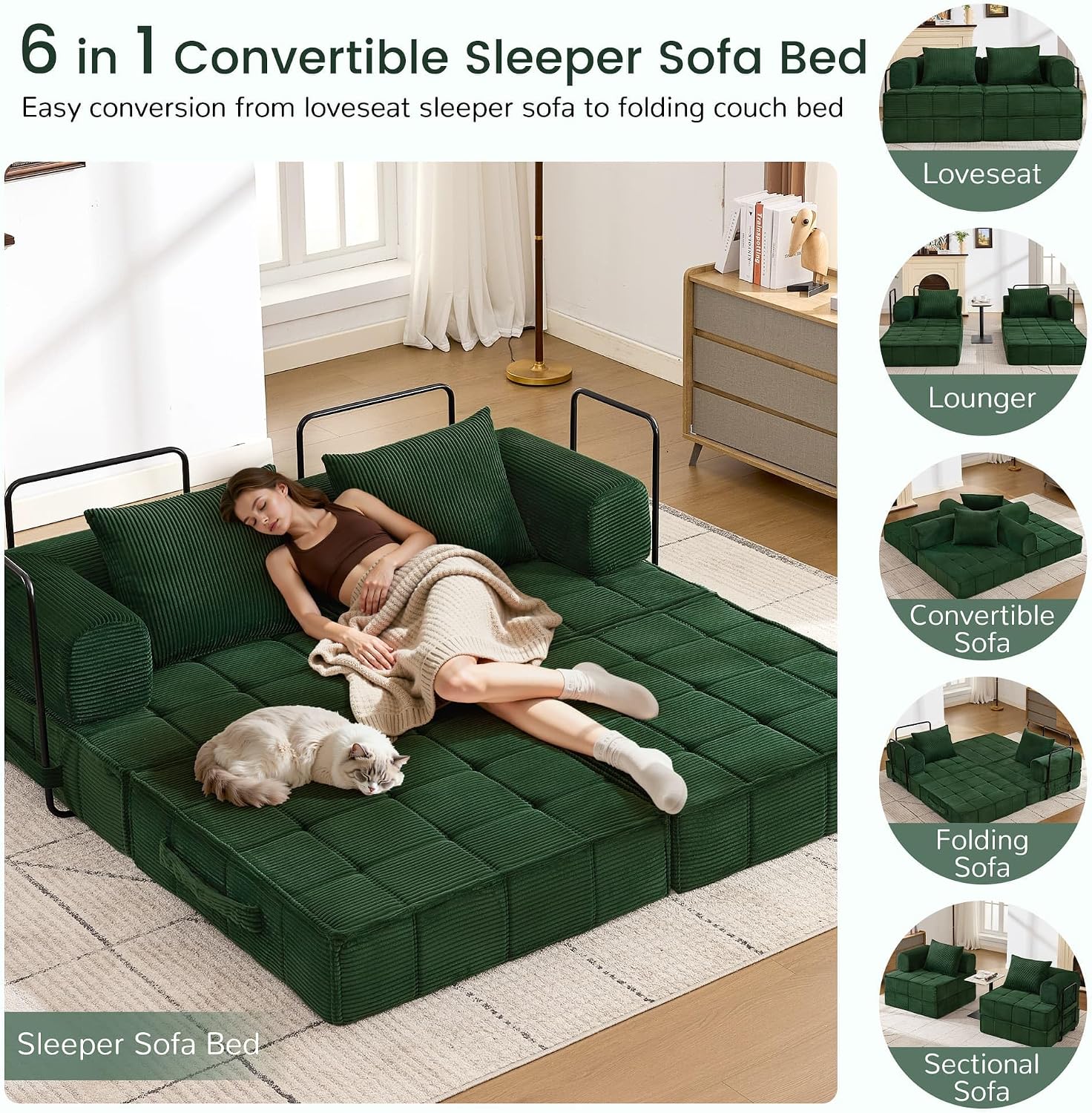 Korser Folding Convertible Sofa Bed, Corduroy Upholstered Boneless Couch, Small Sectional Cloud Couch, Loveseat Sleeper Sofa, Modular Futon Floor Sofa Couch for Living Room, No Assembly