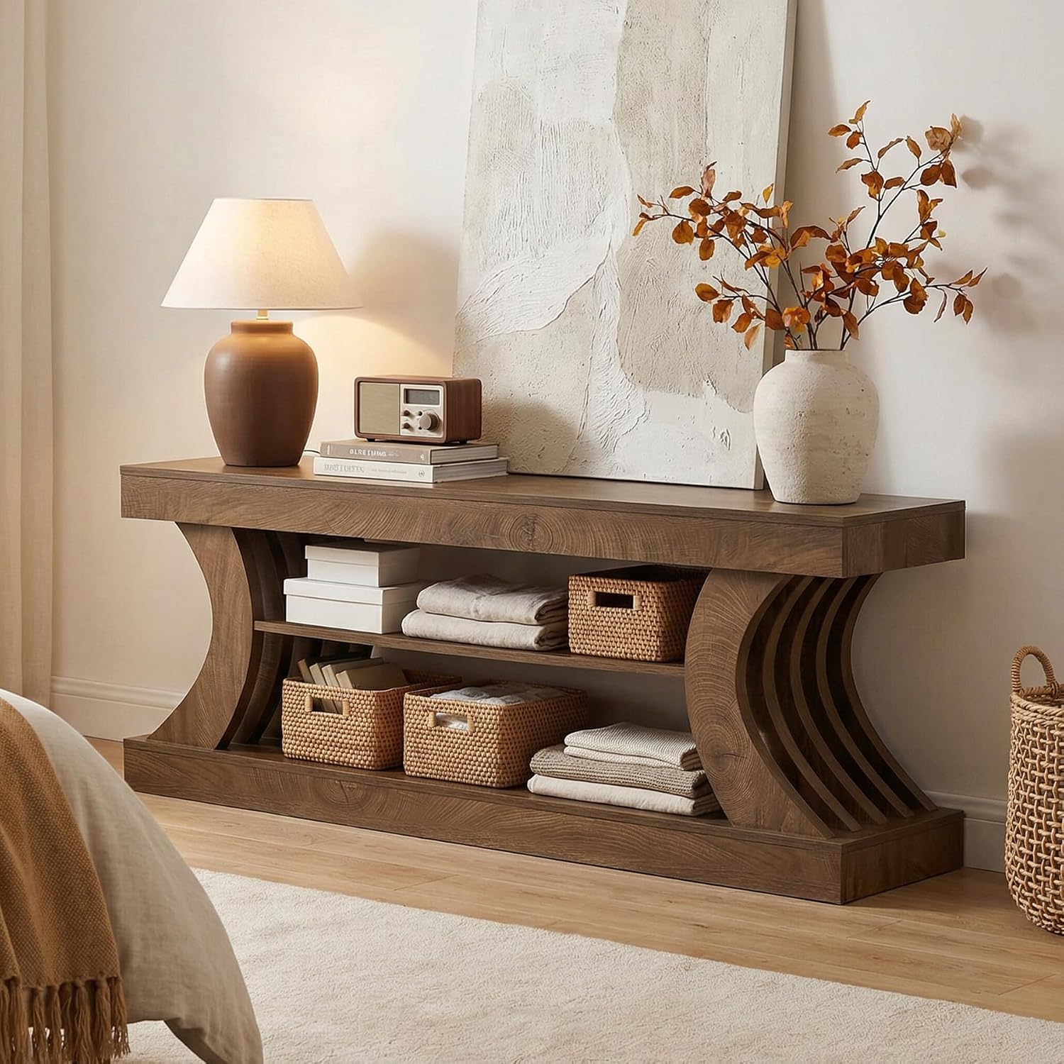 Tribesigns 63-Inch Farmhouse Entryway Console Table with Storage, TV Console with Curved Design for Living Room, Bedroom, Brown (Brown, 15.75' D x 63' W x 23.6' H)