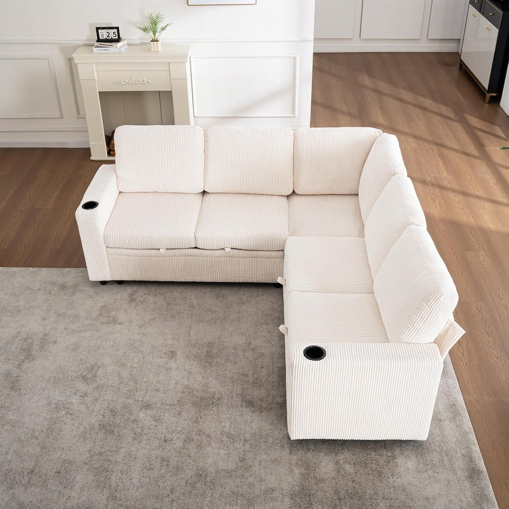 Modular Sectional Sleeper Sofa with Pull Out Bed, L Shaped Couch with Storage Chaise, USB Ports and Cup Holders, Comfy Corduroy Sectional Couches for Living Room, Bedroom and Apartment