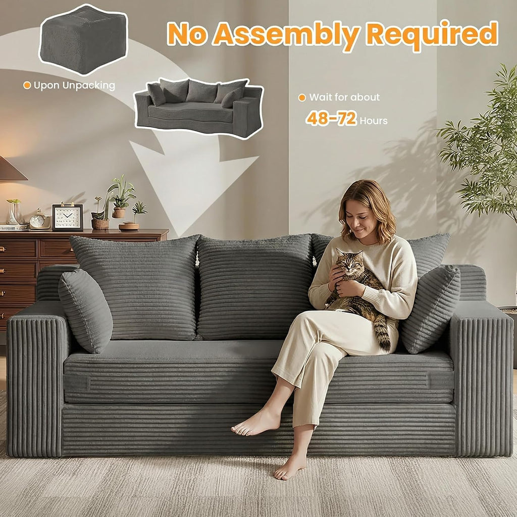 Oversized Boneless Loveseat, 3 Seater Pull Out Convertible Sofa Bed, 70' Gray Boneless Couch Fold Out Floor Couch Sleeper Sofa with 5 Pillows for Living Room Bedroom Lounge Small Space