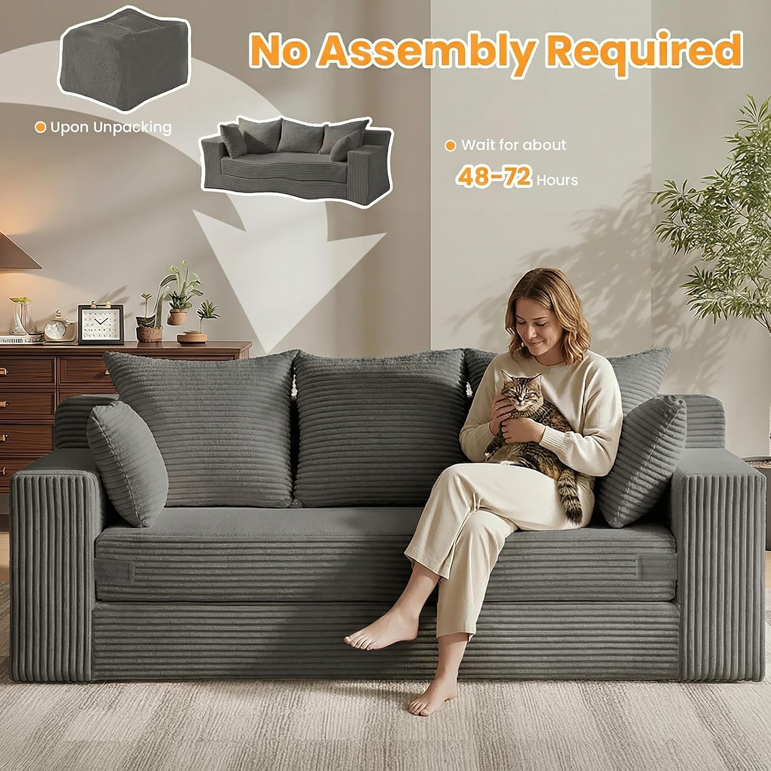 Oversized Boneless Loveseat, 3 Seater Pull Out Convertible Sofa Bed, 70' Gray Boneless Couch Fold Out Floor Couch Sleeper Sofa with 5 Pillows for Living Room Bedroom Lounge Small Space