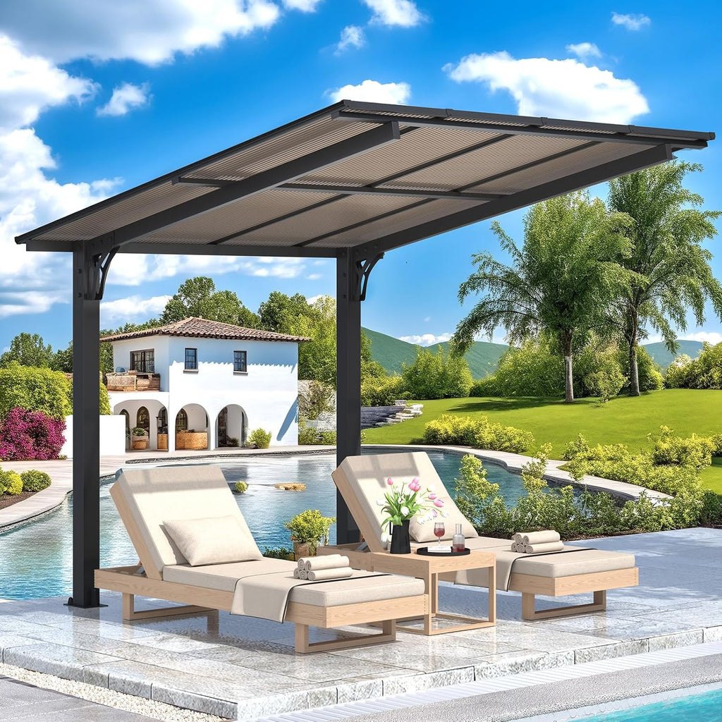 AECOJOY 8' x 8' Gazebo for Patio, Small Free Standing Lean to Gazebo Pergola with Patio Roof (64 Sq.Ft Shaded) on Clearance, Hard Top Wall Mounted Heavy Duty Awnings for Decks, Backyard and More