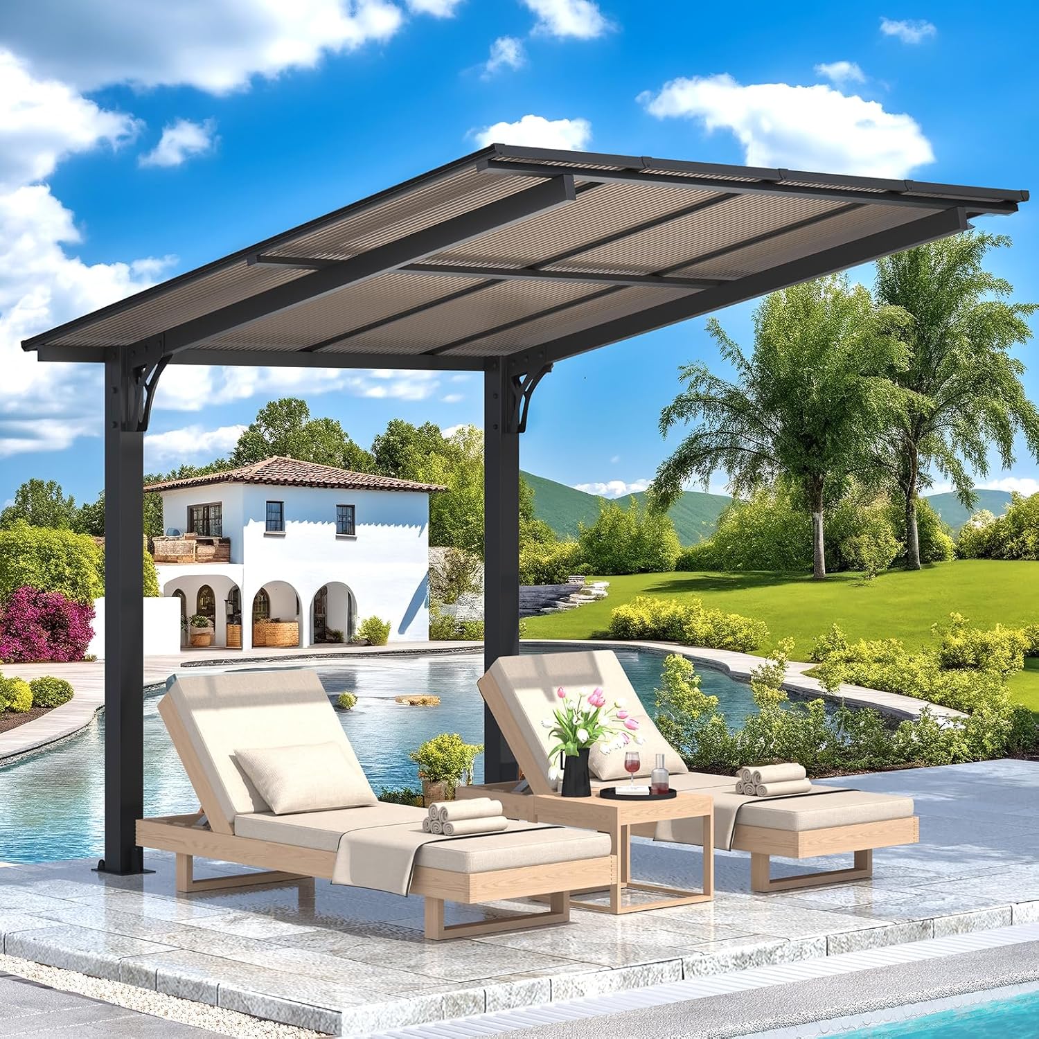 AECOJOY 8' x 8' Gazebo for Patio, Small Free Standing Lean to Gazebo Pergola with Patio Roof (64 Sq.Ft Shaded) on Clearance, Hard Top Wall Mounted Heavy Duty Awnings for Decks, Backyard and More