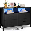TV Stand Dresser with Power Outlets and LED Lights, 4 Wood Drawers Dresser, Entertainment Center with 2 Open Storage Shelf, Media Console Table for 50 43 Inch TV, Black
