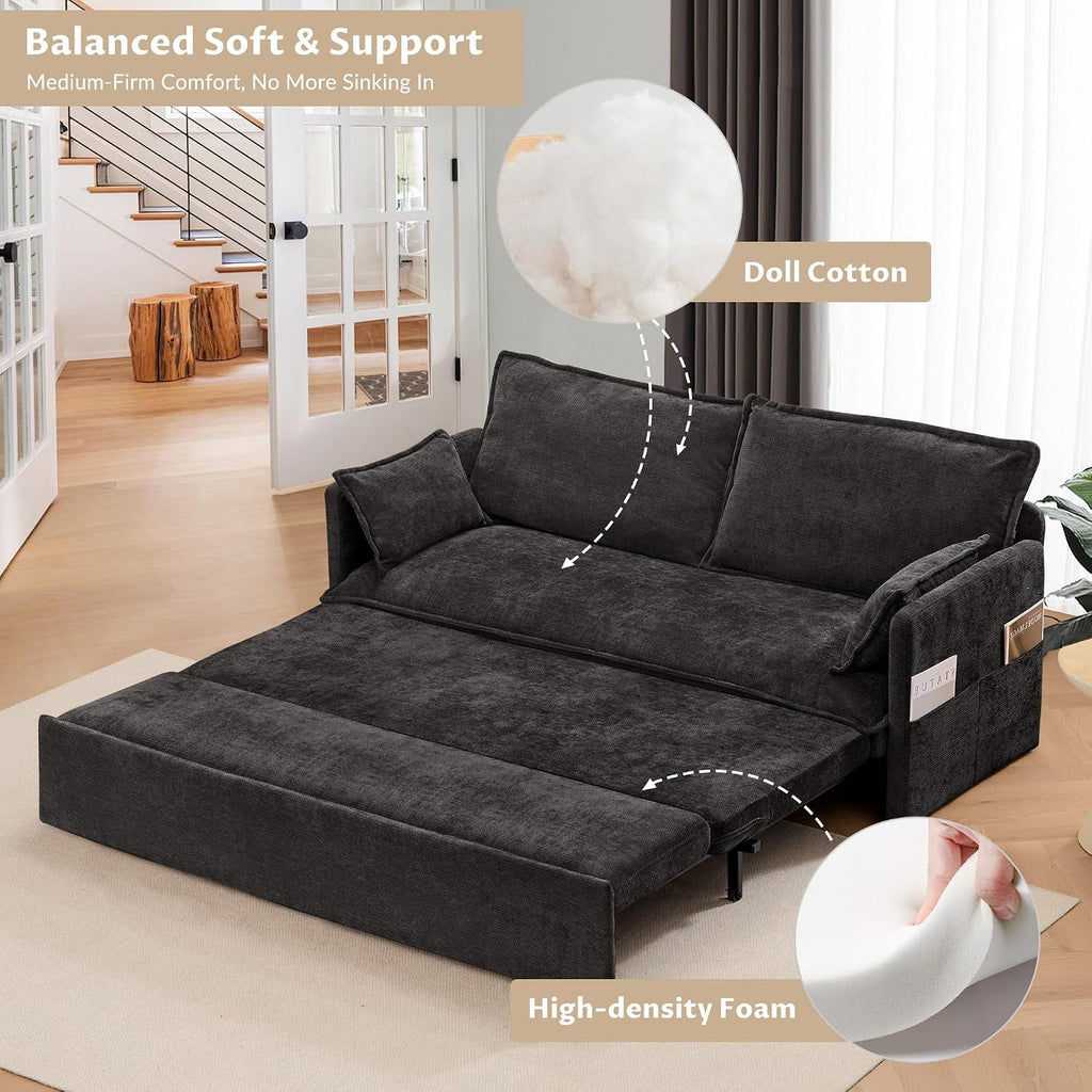 SUNWAVE 60' Queen Pull Out Sofa Bed - Convertible Sleeper Sofa Bed, Chenille Loveseat Pull Out Couch with USB Charging, Side Pockets for Living Room, Bedroom, Small Spaces(Ink, 60')