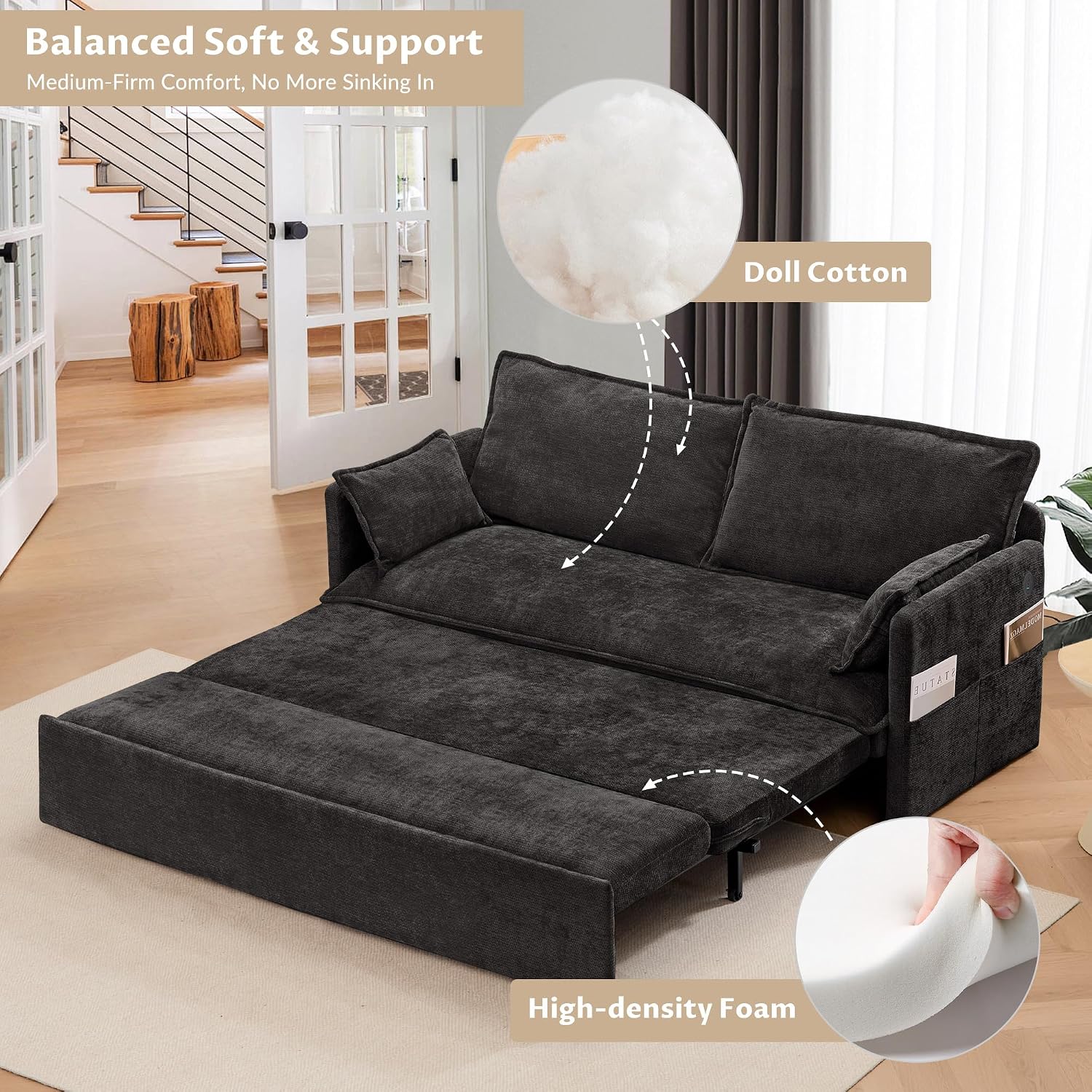 SUNWAVE 60' Queen Pull Out Sofa Bed - Convertible Sleeper Sofa Bed, Chenille Loveseat Pull Out Couch with USB Charging, Side Pockets for Living Room, Bedroom, Small Spaces(Ink, 60')