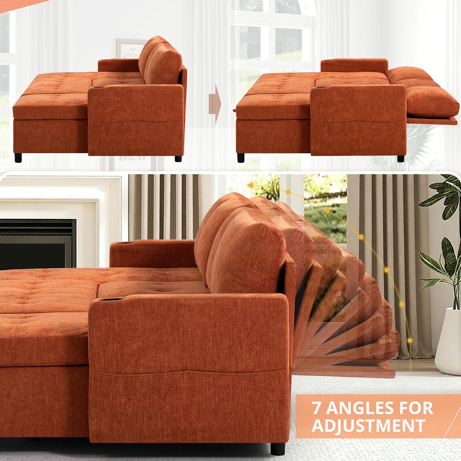 110' Chenille Pull-Out Couch Bed w/Adjustable Backrests, Sectional Sleeper Sofa w/USB Ports & 2 Cup Holders, Upholstered U-Shaped Couch w/Storage Chaise for Living Room, House, Orange