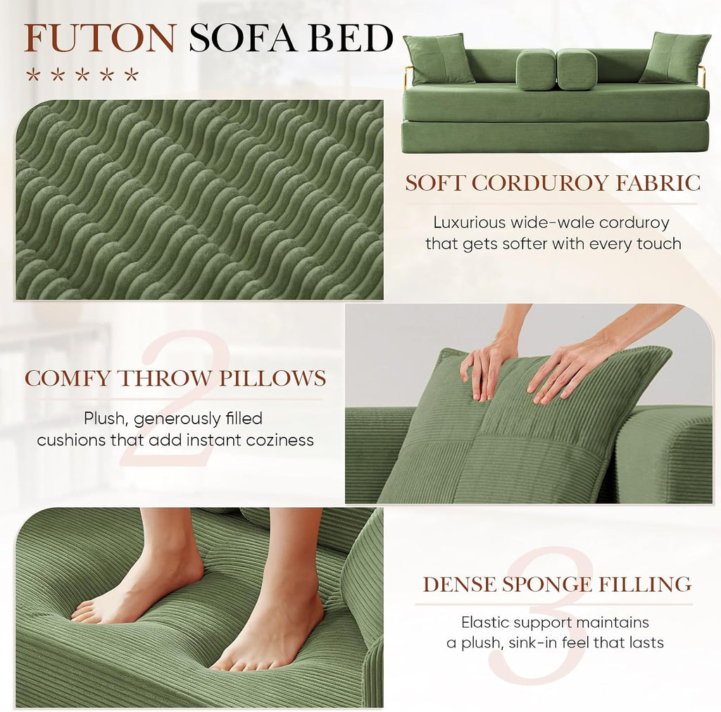 Modular Couch Bed, Convertible Folding Plush Corduroy Comfy Floor Memory Foam Compression Loveseat Sleeper Sofa Couch, King Size Bed for Guest Room Living Room Bedroom, No Assembly, Olive Green