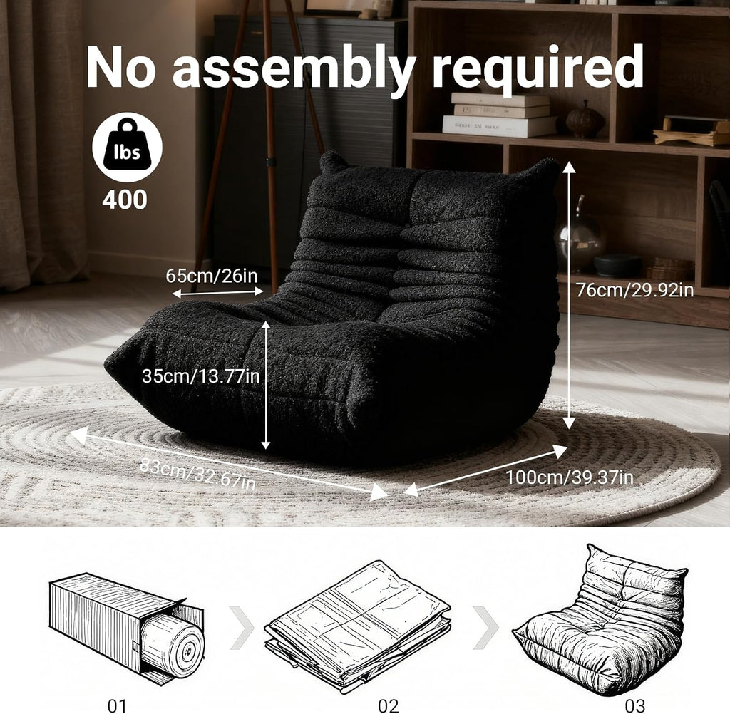 Large Bean Bag Chairs for Adults, Fireside Chair for Living Room with Memory Foam Filled, Accent Sofa Lounge Lazy Floor Sofa for Gaming Reading Relaxing Bedroom, No Assembly Required Black