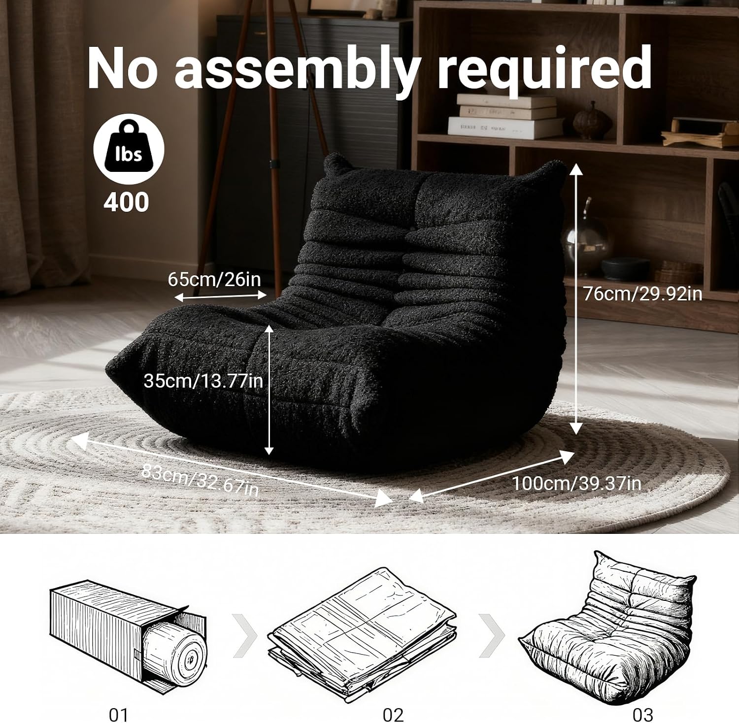 Large Bean Bag Chairs for Adults, Fireside Chair for Living Room with Memory Foam Filled, Accent Sofa Lounge Lazy Floor Sofa for Gaming Reading Relaxing Bedroom, No Assembly Required Black