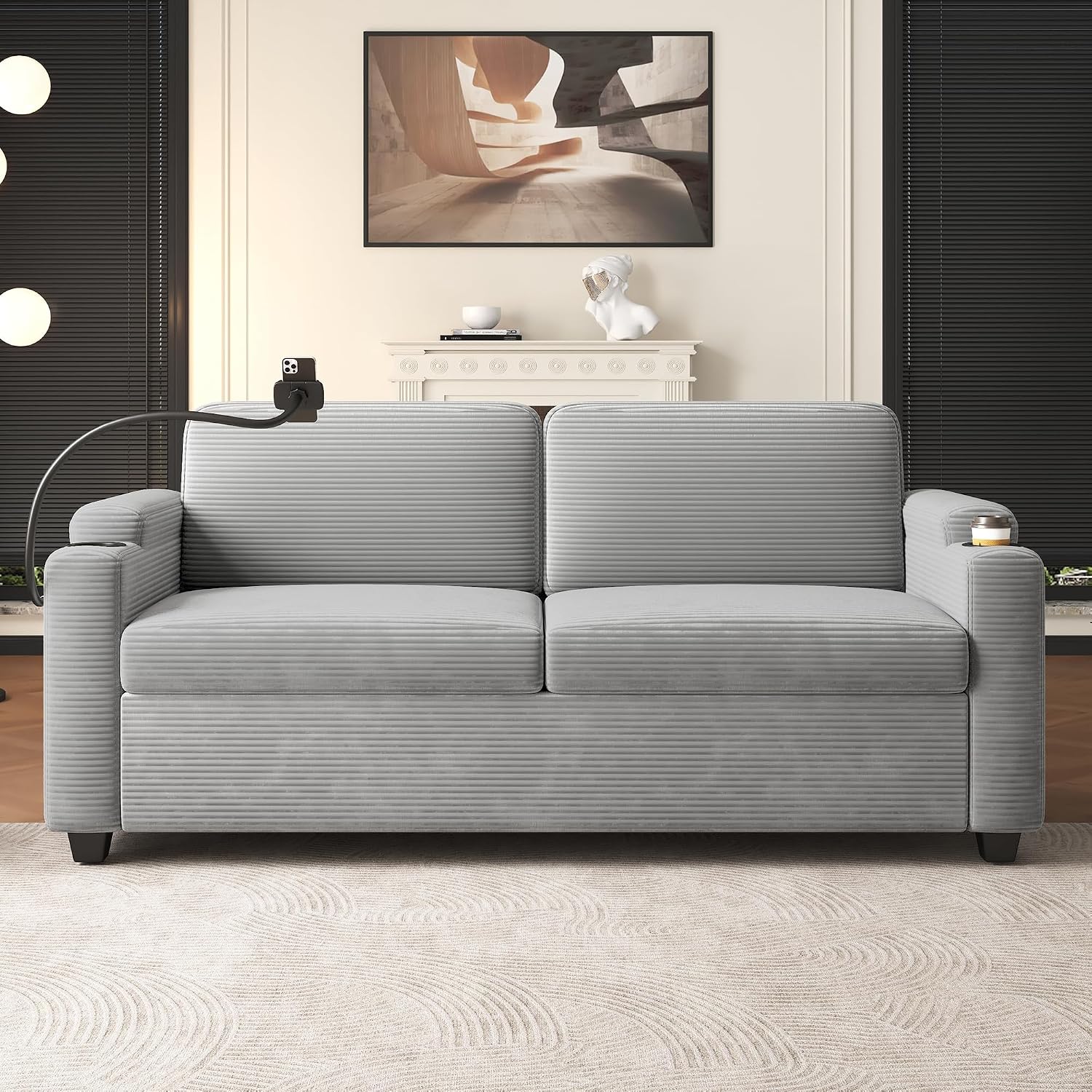 Merax 72.8' Corduroy Sleeper Sofa Bed with Full Size Mattress, Futon Couches with USB Ports | Phone & Cup Holders| Side Pockets,Pull Out Couch for Living Room, Small Loveseat, Grey