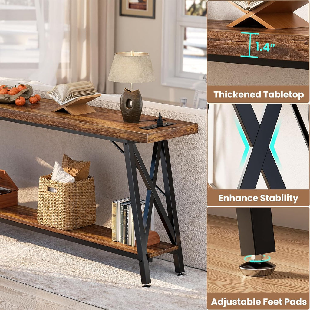 Homieasy 70.9 Inch Extra Long Console Table, Industrial Sofa Table Behind Couch with Charging Station & Storage Shelf, Entryway Table for Living Room & Entryway, Rustic Brown