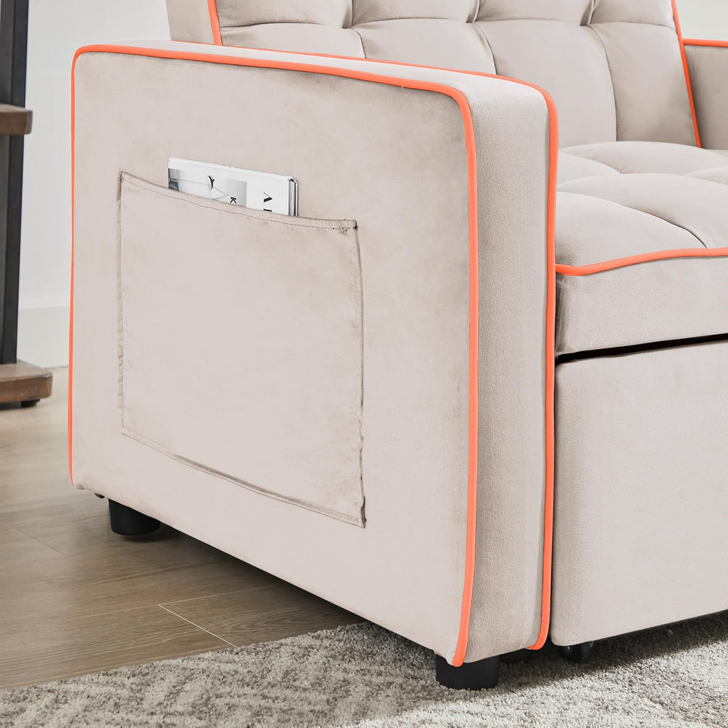 3 in 1 Convertible Sleeper Sofa Chair, 35' Pull Out Sofa Bed Recliner for Adult with Adjustable Backrest, Velvet Fabric Sleeper Couch Single Modern Chair for Living Room Bedroom, Cream White