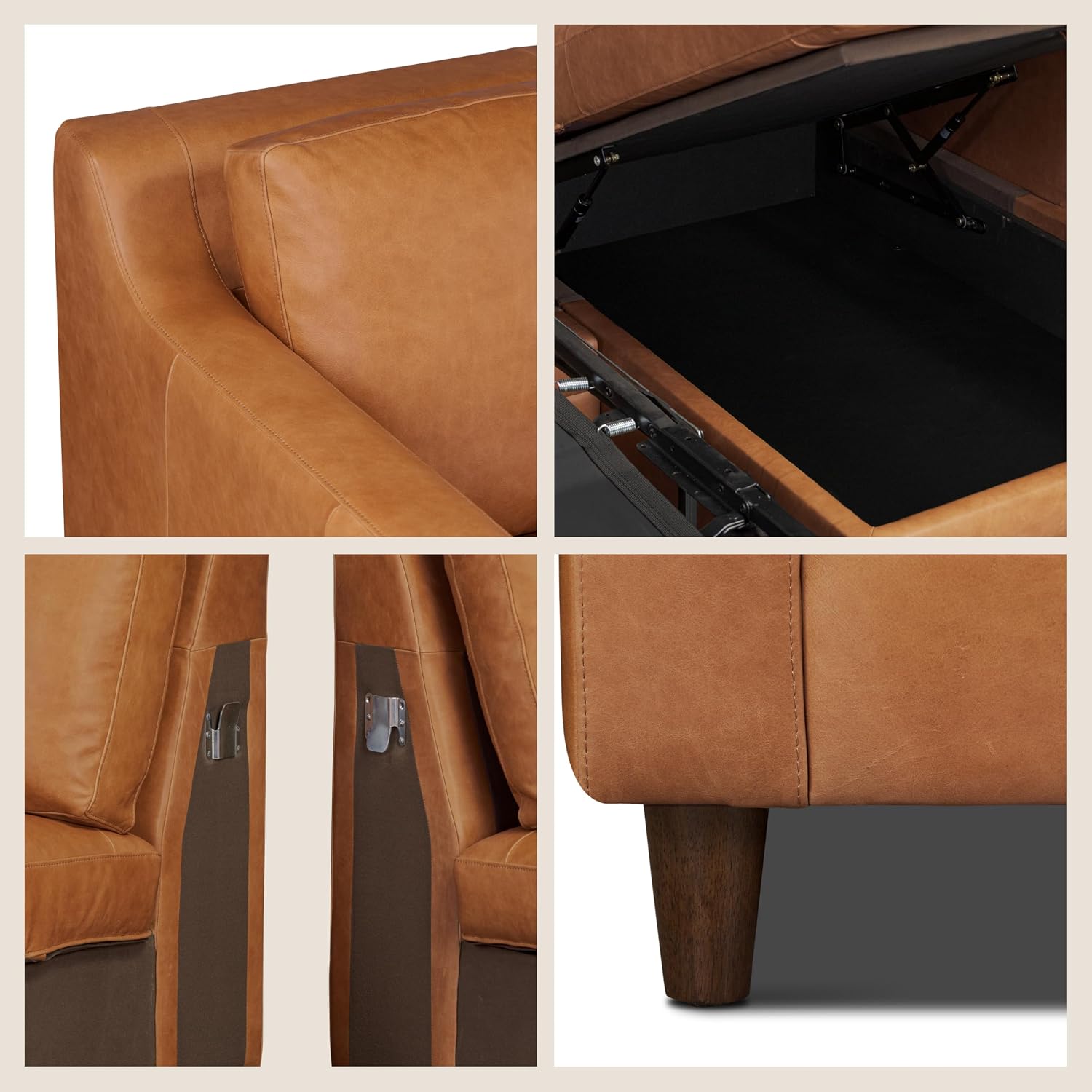 Poly & BARK Harper Left-Facing Leather Sleeper Sectional Sofa Cognac Tan– Full-Grain Aniline Leather, Sculptural Silhouette, Walnut-Finished Legs – Modern Statement Sofa for Living Spaces
