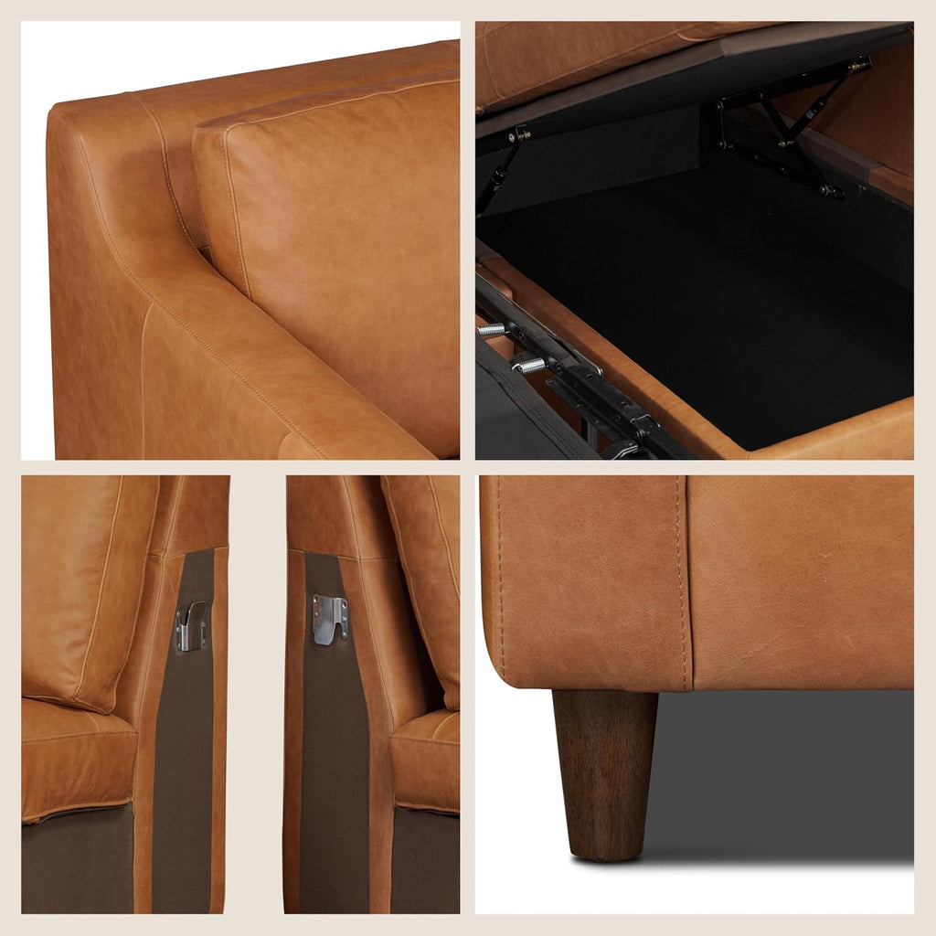 Poly & BARK Harper Right-Facing Leather Sleeper Sectional Sofa Cognac Tan– Full-Grain Aniline Leather, Sculptural Silhouette, Walnut-Finished Legs – Modern Statement Sofa for Living Spaces