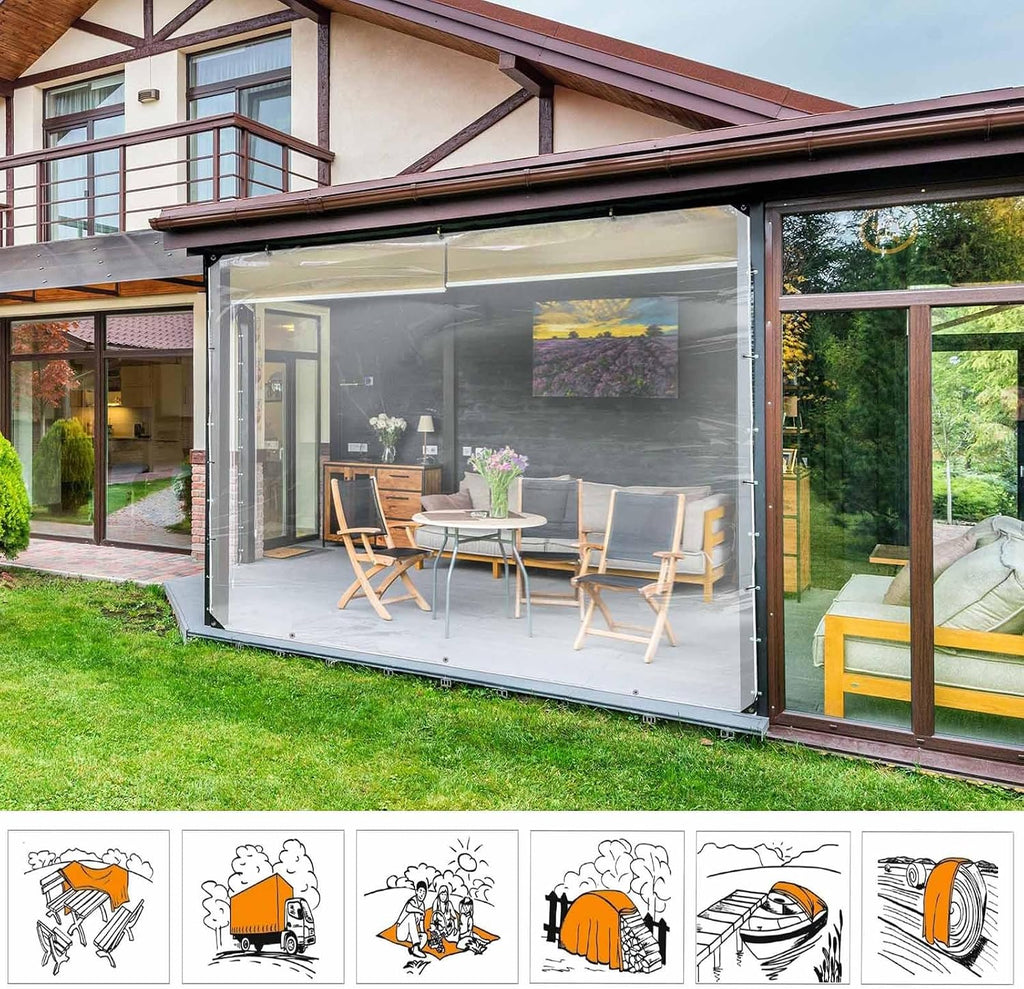 Heavy Duty PVC Vinyl Clear Tarps All Weather 100% Waterproof Transparent Tarpaulin Shield with Grommets Ropes Anti-UV for Greenhouse, Patio Garden Porch Pavilion Outdoor(18x18')