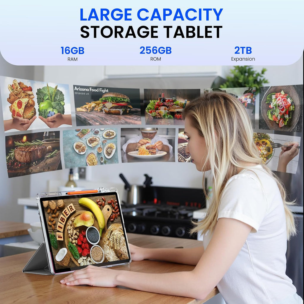 14 inch Large Screen Tablet, Android Tablet 16GB RAM 256GB ROM, 1920 * 1200 IPS FHD Display, Widevine L1, 10000mAh 18W Charging, Wi-Fi & Bluetooth, 4G LTE, with Stand Case & Stylus