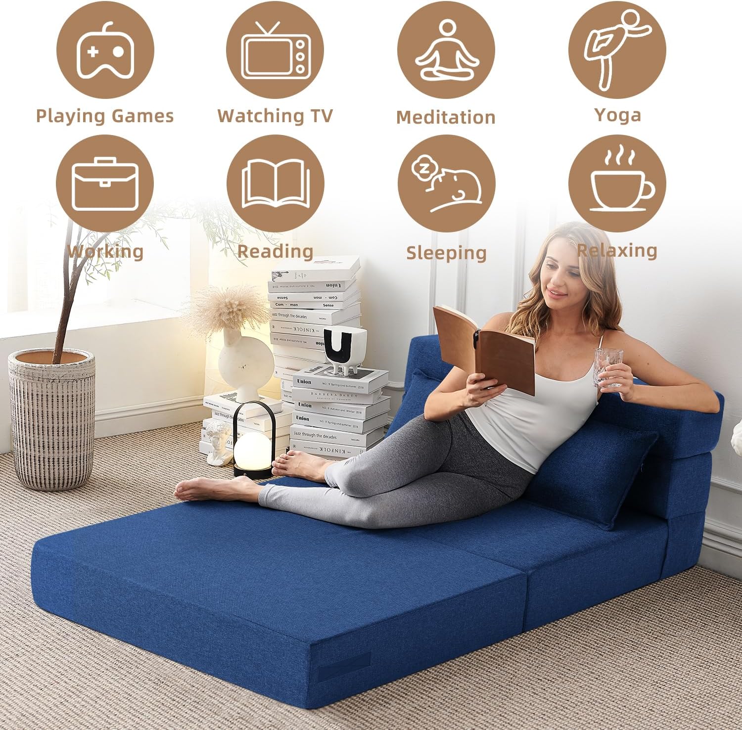 FILUXE Folding Sofa Bed | Convertible Sleeper Chair Bed for Adults, Fold Out Chair to Bed Linen Futon Chair with Pillow, for Home Dorm Apartment RV Living Room, Standard Size, Navy Blue
