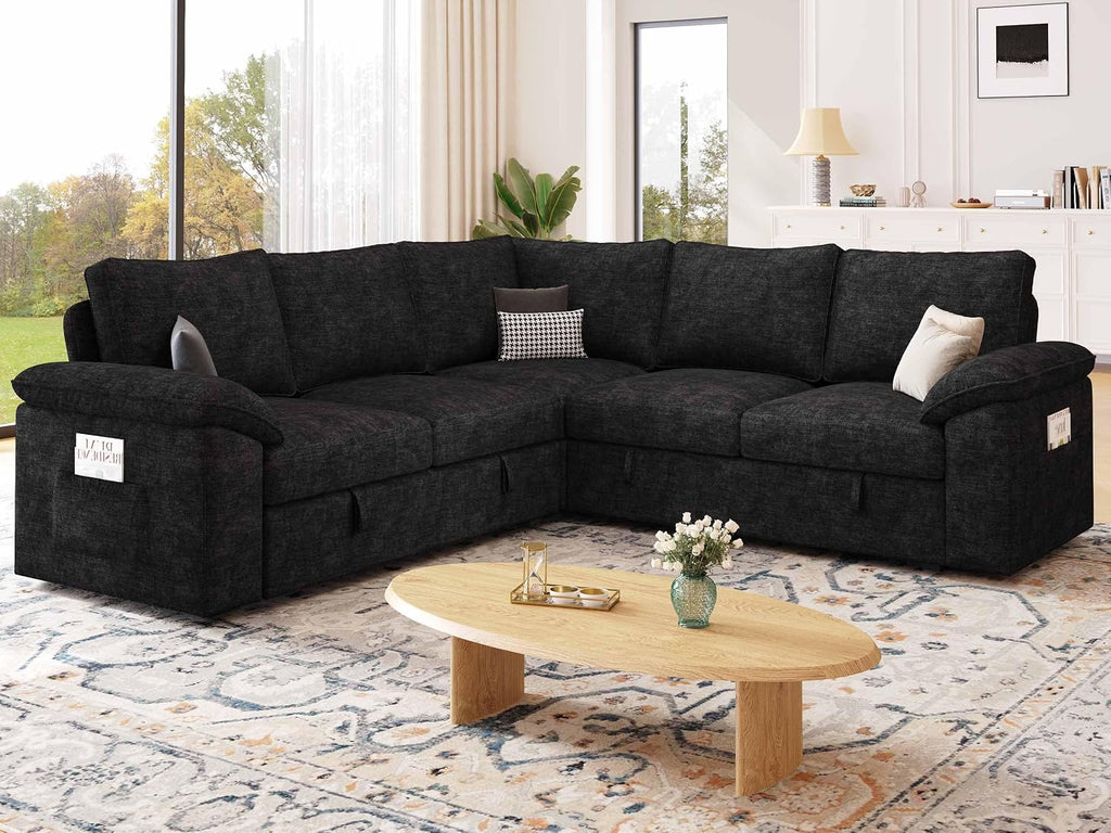 85 Inch Modular Sectional Sofa with Pull Out Bed, L Shaped 5 Seat Sectional Sleeper Sofa with Storage, Sectional Couches for Living Room, Cloud Modular Couch,Removable Sofa Cover, Black