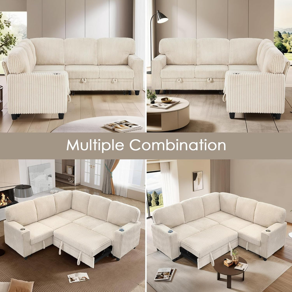 81' Modular Sectional Sofa, L Shaped 5-Seater Sleeper Sofa with Pull Out Bed, Hidden Storage, Cup Holders & USB Charging Ports, Sectional Couches for Living Room, Corduroy, Beige