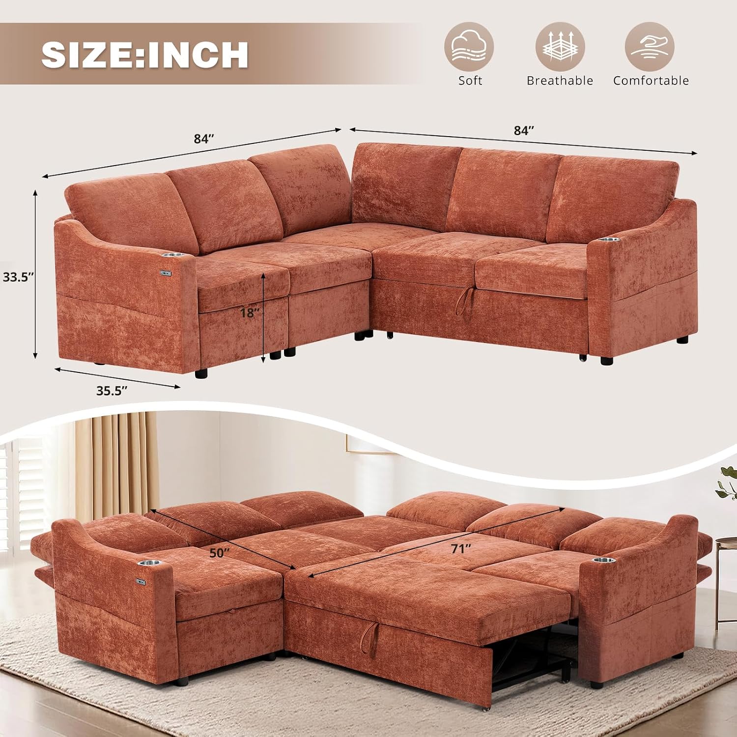 84' L-Shape Sectional Sofa Bed w/Adjustable Backrests, Chenille L-Shape Upholstered Pull Out Sofa Bed w/USB Ports, Convertible Corner Sleeper Couch w/Storage Space for Living Room, Orange