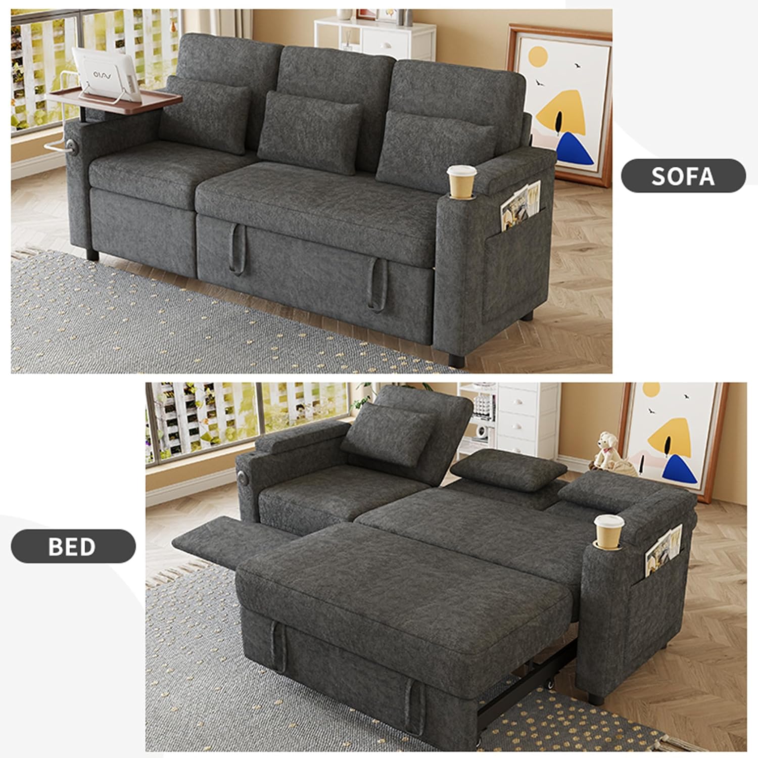 Sectional Sleeper Sofa with Pull Out Couch and Reclining Chair, Modern 3-in-1 Convertible Sleeper Sectional Couch that Turns Into Bed with Cup Holder, Laptop Table and USB Port for Living Room