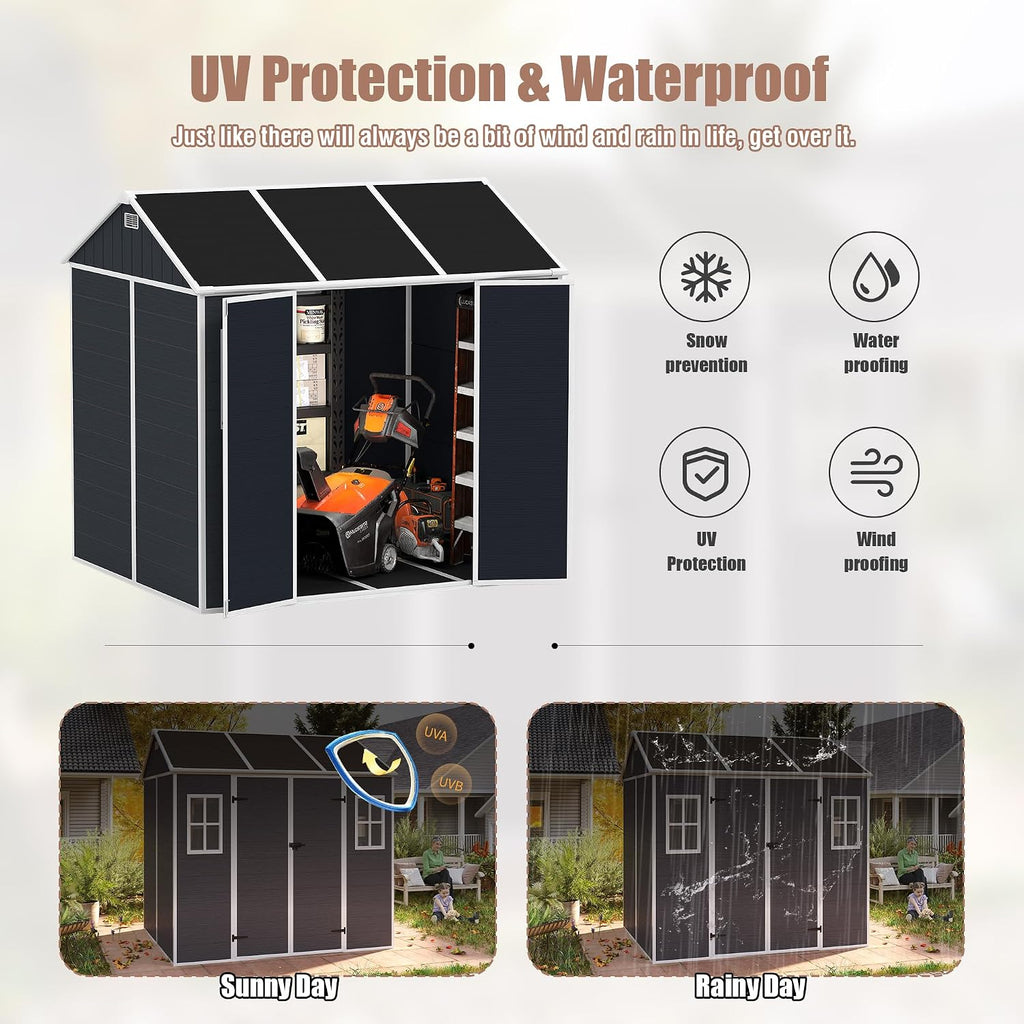 8x7ft Outdoor Storage Shed with Lockable Double Doors, Heavy Duty Resin Garden Shed for Backyard, 2 Windows & Floor Included, Hurricane-Proof, Waterproof UV-Resistant for Lawn Mower/Patio Furniture