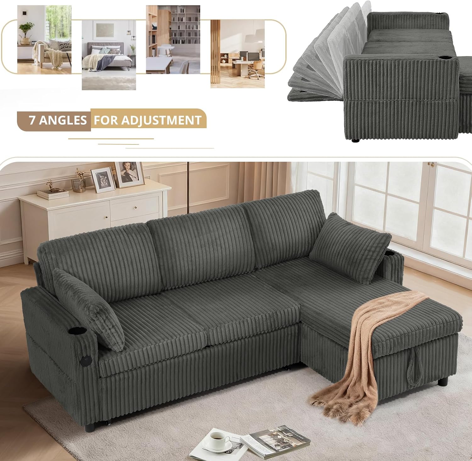 84' Corduroy Pull Out Sofa Bed w/Adjustable Backrests, Sectional L-Shape Sleeper Sofa w/Storage Chaise, Convertible Couch Bed w/USB Charging Port & Cup Holders for Living Room, House, Grey