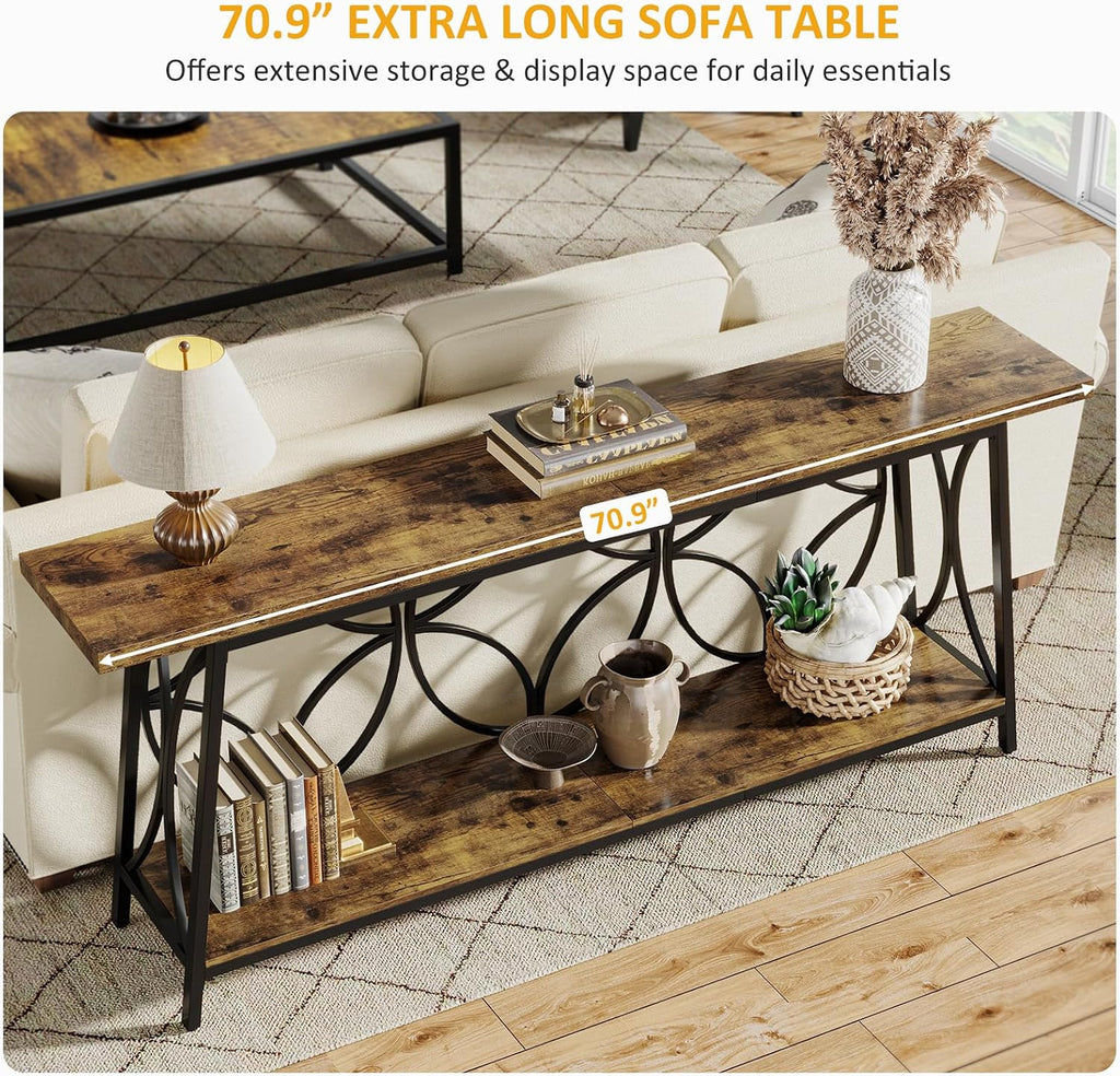Celaform 70.9-Inch Sofa Table, 2-Tier Narrow Console Table with Storage for Living Room, Entryway, Hallway, Foryer, Geometric Pattern Design (Rustic Brown)
