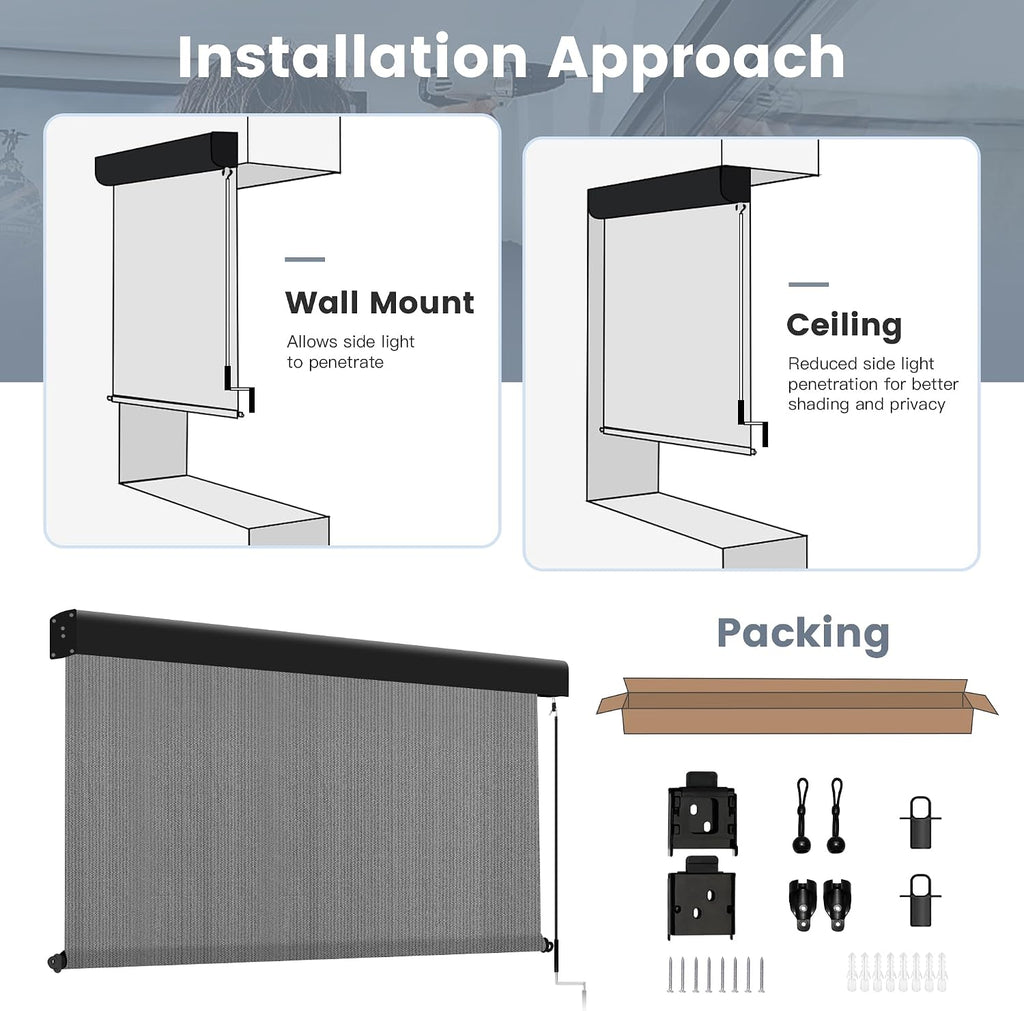 Outdoor Roller Shade, Exterior Patio Cordless Blinds with Aluminum Valance Roll Up Shades for Porch Balcony Backyard (7' W X 8' L), Anthracite Grey