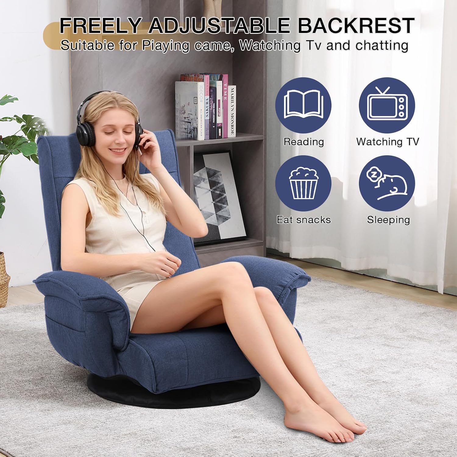 Linen Fabric Ergonomic Gaming Chair, 6-Position Reclining Sofa Bed with Lumbar Support, Foldable Floor Lounger with Thick Cushion, Armrests & Side Pockets for Esports, Reading, Napping (Blue)