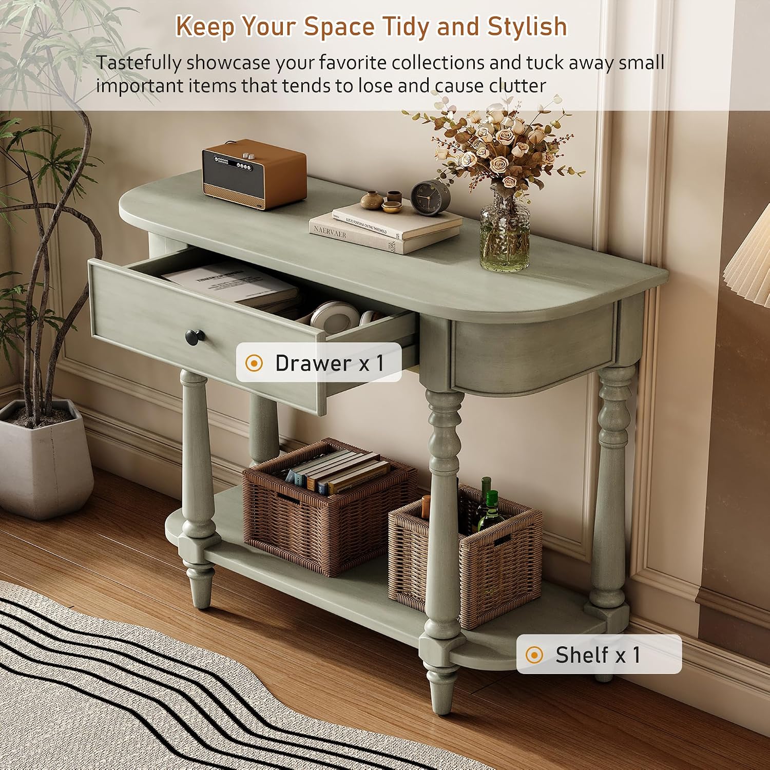 Small Curved Console Table 36-Inch Retro Farmhouse Entryway Sofa Table with Drawer & Storage Shelf for Entry Hallway Foyer Living Room Furniture, Solid Wood Legs, Space-Saving, Gray