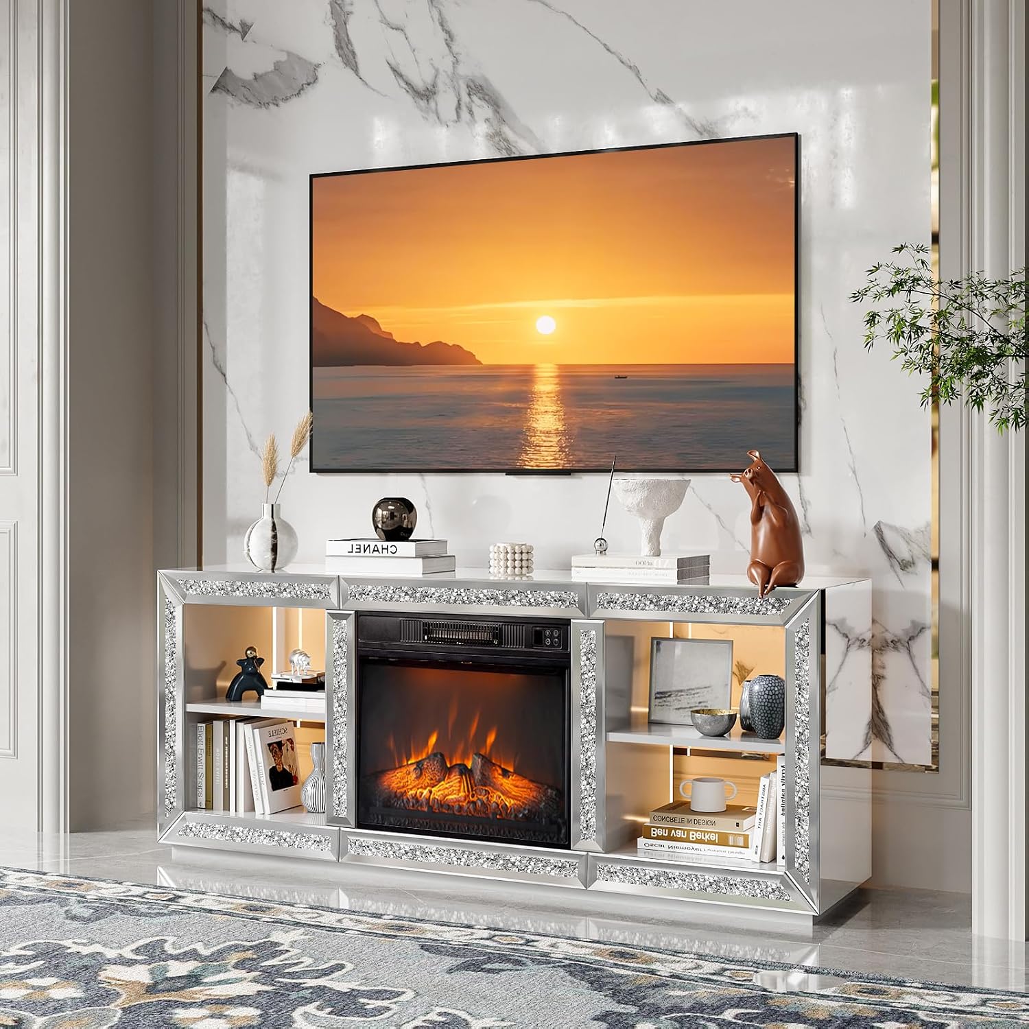 Bonnlo Mirrored Fireplace TV Stand for 70' TV, Diamond Entertainment Center with Shelves & 20 Color LED Lights, Modern Electric Fireplace TV Stand for Living Room/Bedroom (Assembled)