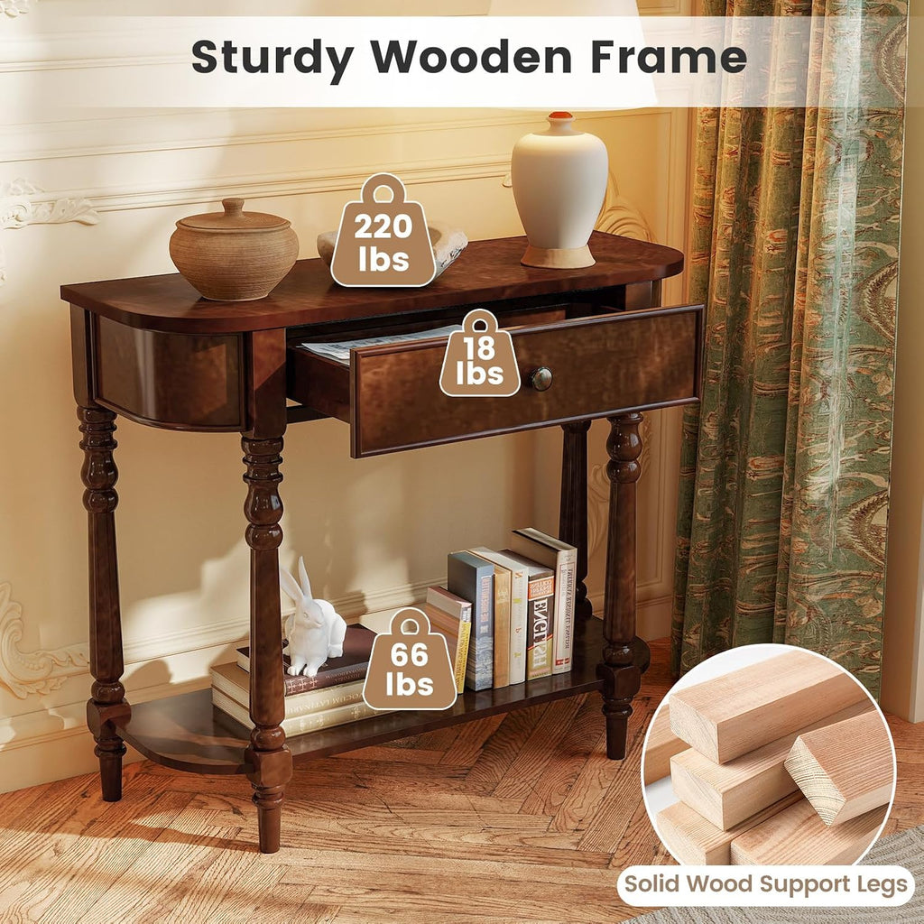 Giantex 2-Tier Console Table, 36' Retro Entryway Table with Storage Drawer & Elegant Legs, Narrow Wooden Sofa Table with Open Shelf for Living Room, Foyer, Hallway, Bedroom, Entrance (Brown)