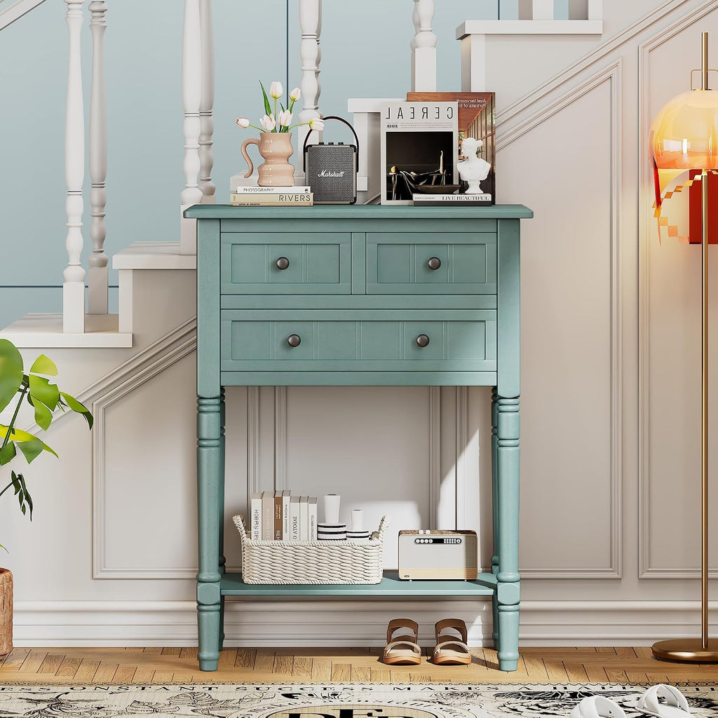 Merax Narrow Console Table, Elegant Slim Sofa Table With Three Storage Drawers and Bottom Shelf for Entryway, Hallway, and Living Room (Light Blue)