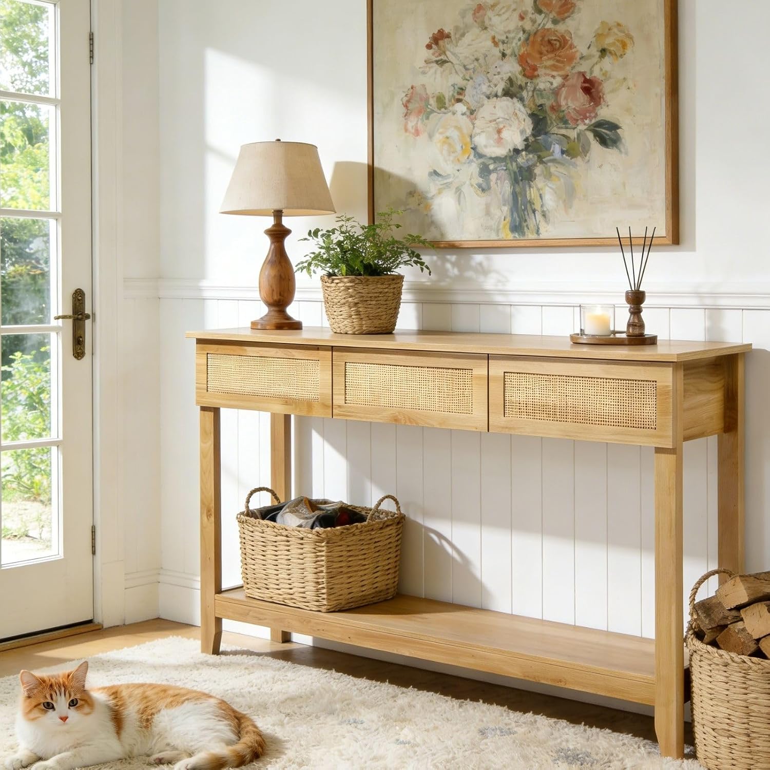 Karl home Console Table, Rattan Entryway Table with Storage Narrow Long, w/3 Drawers & Storage Shelf, Sofa Table Foyer Hallway Behind Couch Table for Living Room, Natural Wood