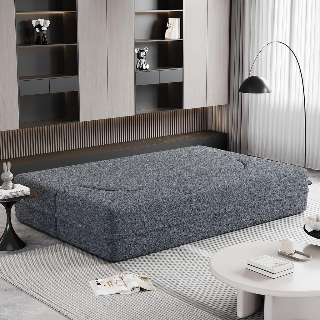 CAPCAEK Convertible Sleeper Sofa Bed,15' Thick Full Size Folding Floor Couch with 2 Pillows, Teddy Fabric Foam-Filled Futon Loveseat Couch for Living Room, Guest Use, Office, Apartmen (Grey)