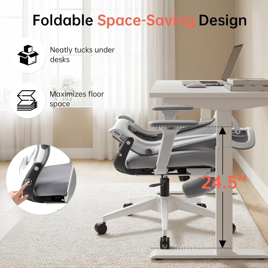 Foldable Office Chair with Foot Rest, Ergonomic Office Chair with Adjustable Lumbar Support, Headrest, Armrest, Home Office Desk Chairs for Space Saving, Grey