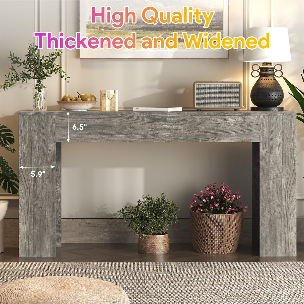 knoworld 63-Inch Long Console Table with LED Light, Farmhouse Sofa Table Behind Couch, Wooden Console Table for Entryway Hallway Entrance Living Room, Gray