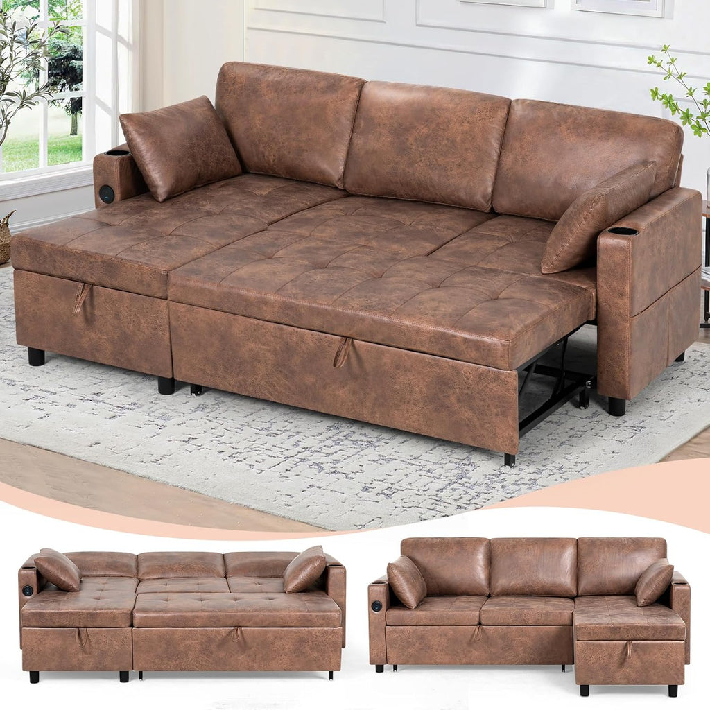84' L-Shape Pull Out Sofa Bed with Adjustable Backrest, Upholstered Sectional Sleeper Sofa with Storage Chaise, Suede Leather Reversible Couch Bed with USB Port for Living Room, House, Brown