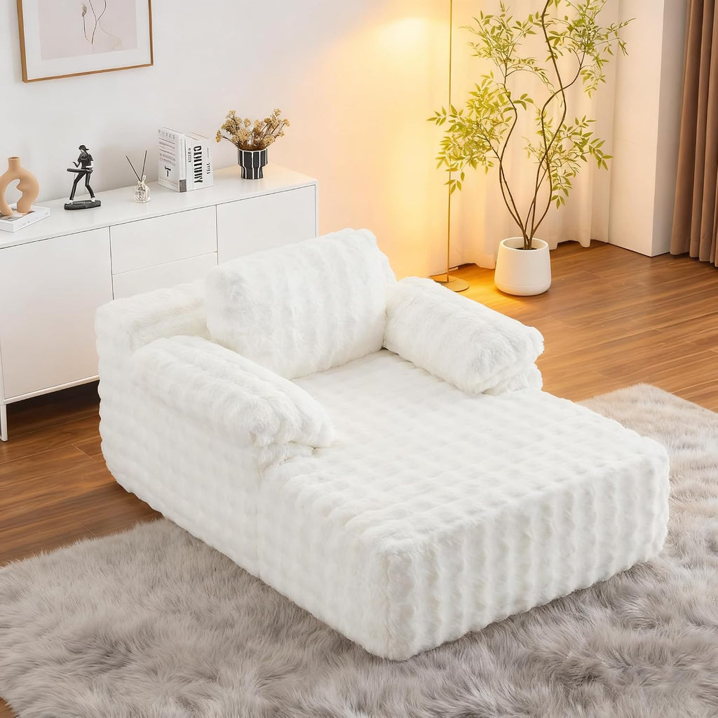 VINGLI Chaise Lounge Chair Indoor, White Boneless Couch Oversized Reading Chair Upholstered Bubble Fleece Cloud Couch Sofa Recliner Bed Comfy Sleeper Couches for Living Room, Movie Room, Bedroom