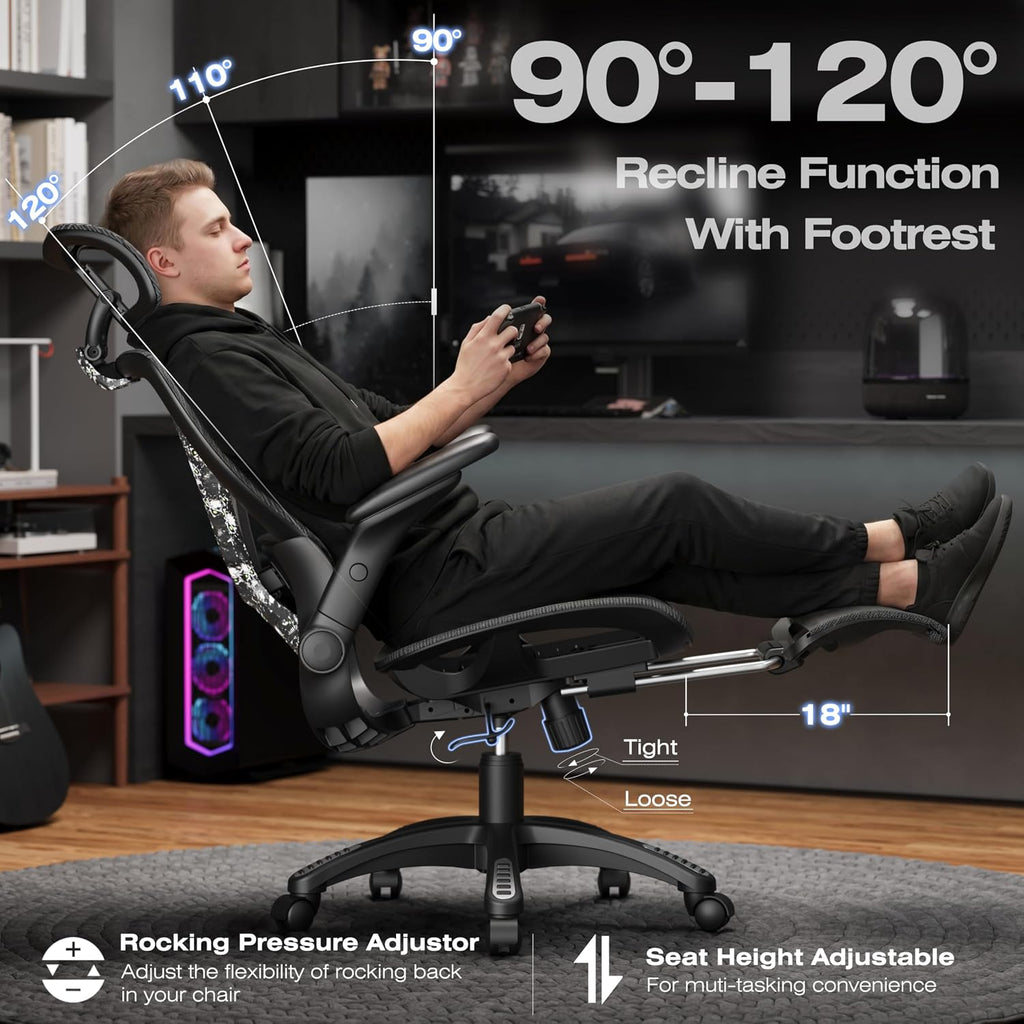 ELABEST X100 Ergonomic Mesh Office Chair with Footrest, Big and Tall Hone Desk Chair with 5D Flip-Up Arms, Adjustable 3D Lumbar Support,Gaming & Executive Computer Chairs (Night Reaper)