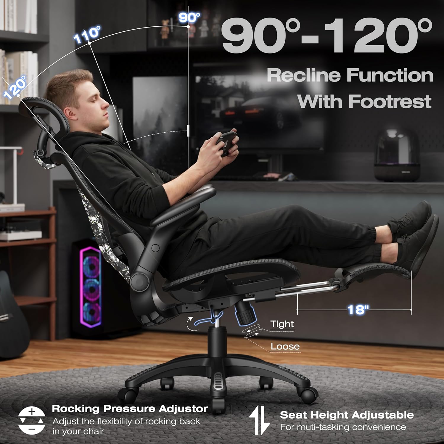 ELABEST X100 Ergonomic Mesh Office Chair with Footrest, Big and Tall Hone Desk Chair with 5D Flip-Up Arms, Adjustable 3D Lumbar Support,Gaming & Executive Computer Chairs (Night Reaper)