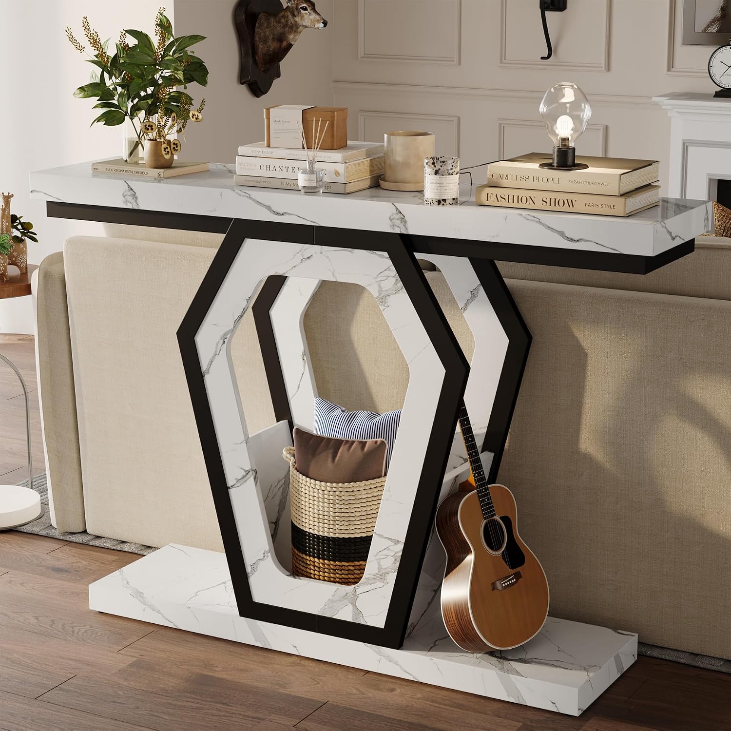 FUSUNBAO 47.3' Console Table,Openwork Bracket Sofa Table, Wood Narrow Entryway Table for Hallway, Behind The Couch, Living Room, Foyer, Easy Assembly（White Marble Texture）